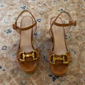 Boden Tan Suede Heels with Gold Bit Hardware